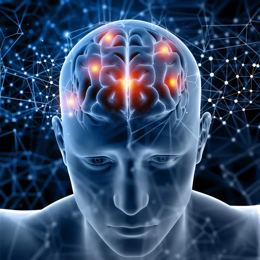 Brand artwork: a glowing brain inside a network of lines