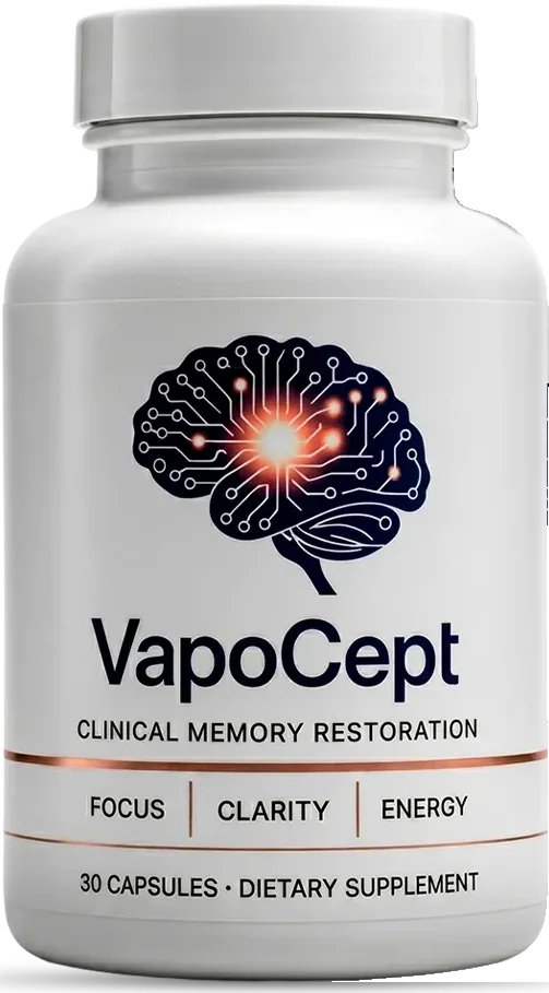 VapoCept bottle: white bottle, navy circuit-brain logo, Clinical Memory Restoration, Focus, Clarity, Energy, 30 capsules