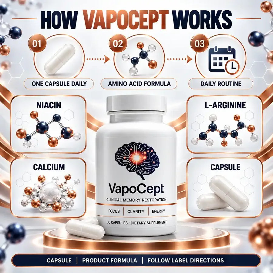 How VapoCept works panel: one capsule daily, amino acid formula, daily routine