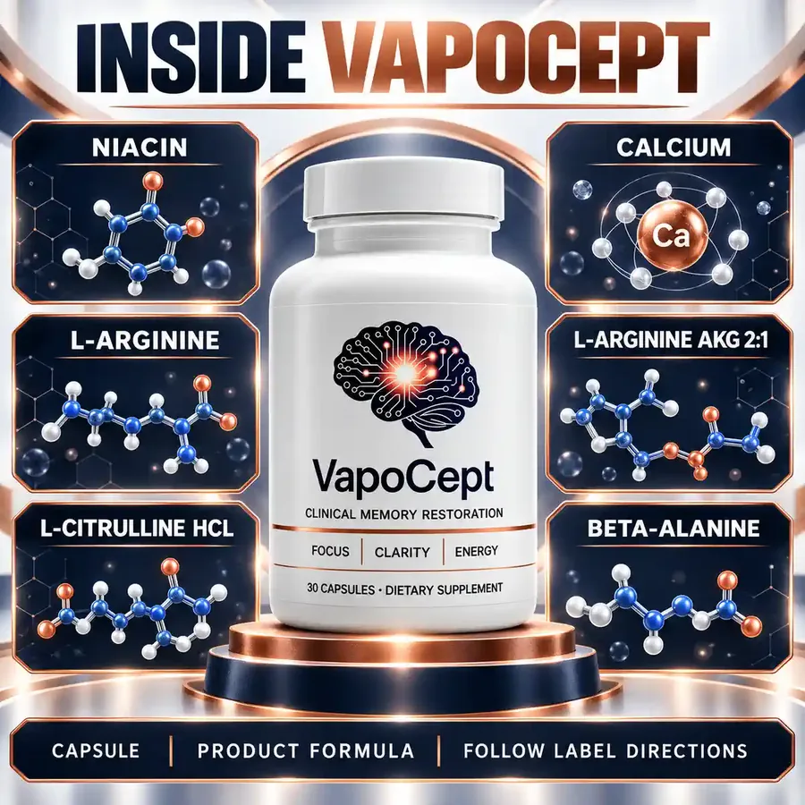 Inside VapoCept panel: niacin, calcium, L-arginine, L-arginine AKG 2:1, L-citrulline HCl and beta-alanine